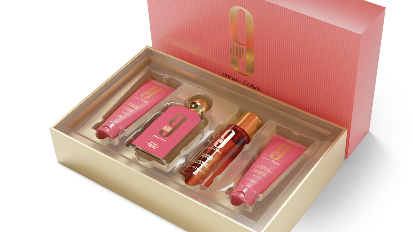 AFNAN 9AM 3.4 EDP WOMEN + 3.4 S/G + 5.0 B/M + 3.4 B/L