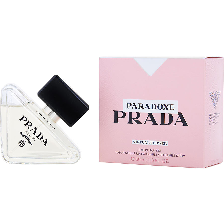 PRADA Paradoxe Virtual Flower 1.7 EDP Women perfume in a triangular bottle beside pink box