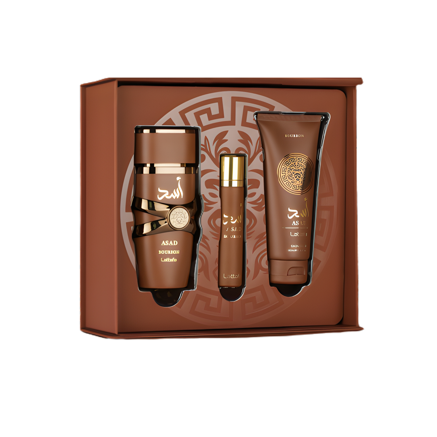 LATTAFA ASAD BOURBON 3 PCS GIFTSET WITH 100ML EDP + 12ML TRAVEL SPRAY + 100ML SHOWER GEL MEN