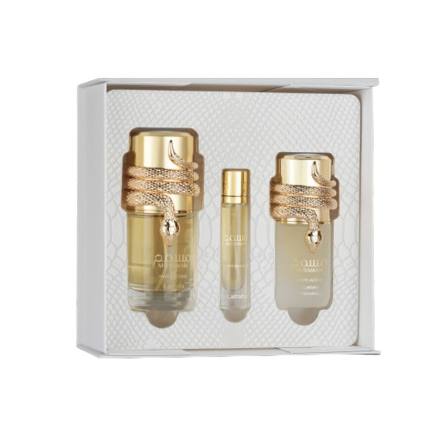 LATTAFA MUSAMAM WHITE INTENSE 3 PCS GIFTSET WITH 100ML EDP + 12ML TRAVEL SPRAY + 50ML HAIRMIST