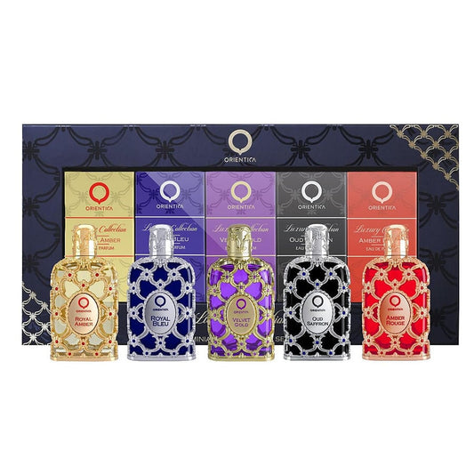 ORIENTICA 5 PCS MINI SET: ROYAL AMBER 0.25 EAU DE PARFUM + AMBER ROUGE 0.25 EAU DE PARFUM + OUD SAFFRON 0.25 EAU DE PARFUM + VELVET GOLD 0.25 EAU DE PARFUM + ROYAL BLEU 0.25 EAU DE PARFUM