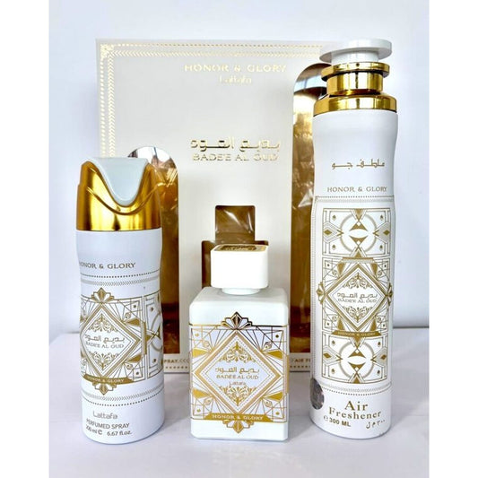 LATTAFA BADEE AL OUD HONOR & GLORY 3.4 EDP M+ 6.8 DEO SPRAY+ 10.0 AIR FRESHENER