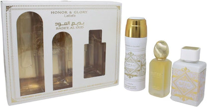 LATTAFA BADEE AL OUD HONOR & GLORY 3.4 EDP M+1.7 HAIR MIST+6.7 BODY/SPRAY