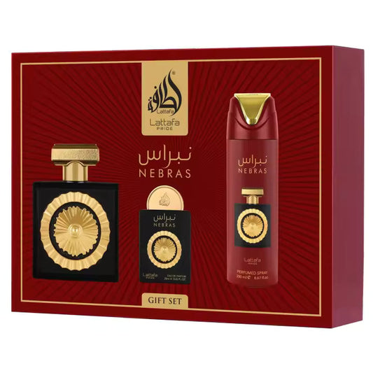 LATTAFA PRIDE NEBRAS 3 PCS GIFT SET WITH 100ML EDP + 20ML EDP + 200ML PERFUMED SPRAY