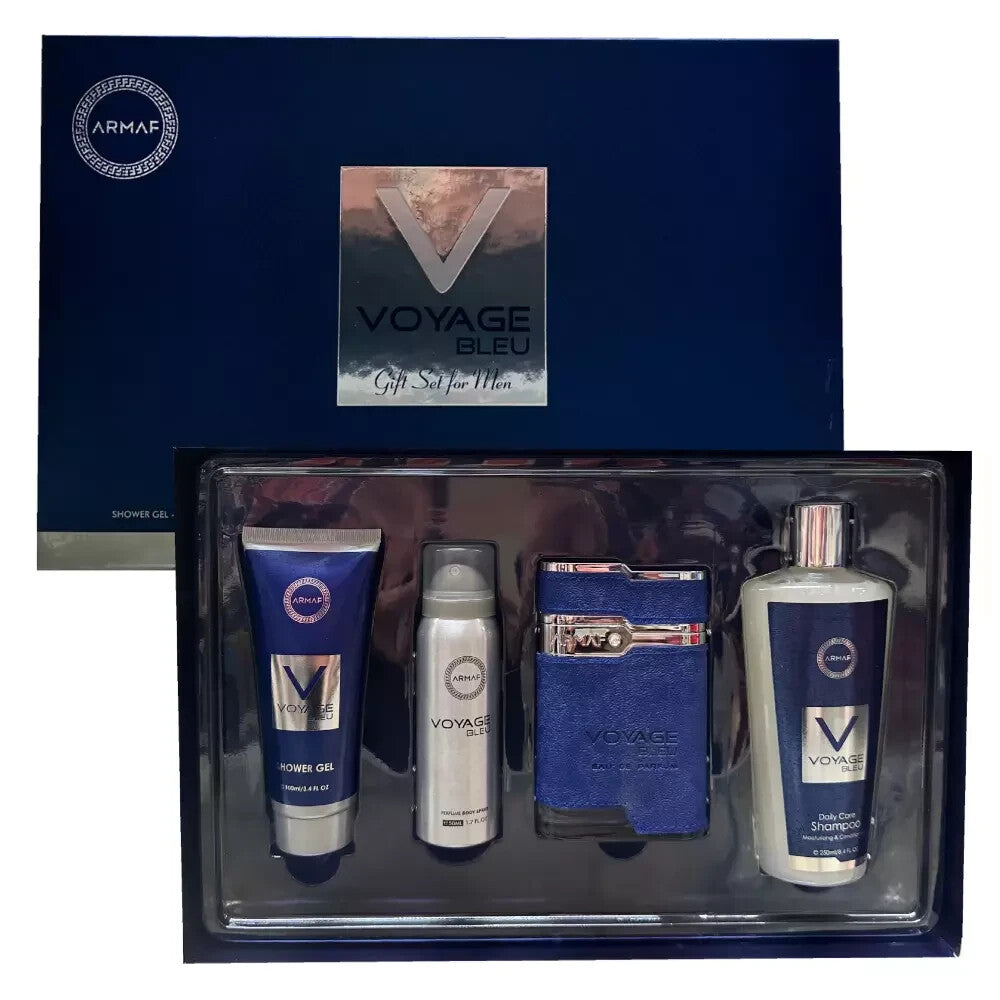 ARMAF VOYAGE BLEU 4 PCS SET FOR MEN: 3.4 EAU DE PARFUM SPRAY + 1.7 PERFUME BODY SPRAY + 3.4 SHOWER GEL + 8.4 SHAMPOO