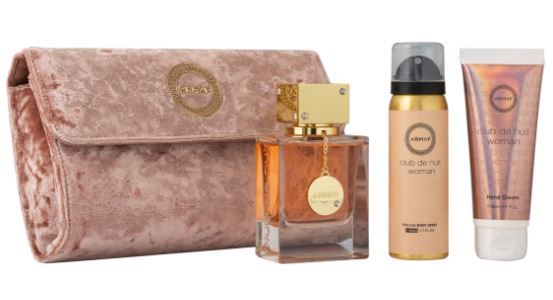 ARMAF CLUB DE NUIT 2.37 EXTRAIT DE PARFUM /1.7 HAND CREAM//1.7 BDY SPR /LUXURY EVENING BAG- 4PC WOMEN