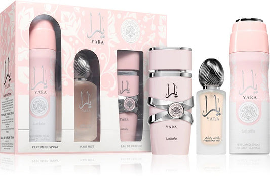 LATTAFA YARA 3 PCS GIFTSET WITH 100ML EDP + 12ML TRAVEL SPRAY + 50ML HAIRMIST