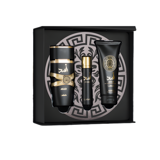 LATTAFA ASAD 3 PCS GIFTSET WITH 100ML EDP + 12ML TRAVEL SPRAY + 100ML SHOWER GEL