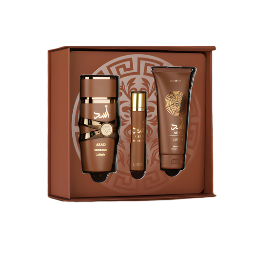 LATTAFA ASAD BOURBON 3 PCS GIFTSET WITH 100ML EDP + 12ML TRAVEL SPRAY + 100ML SHOWER GEL MEN