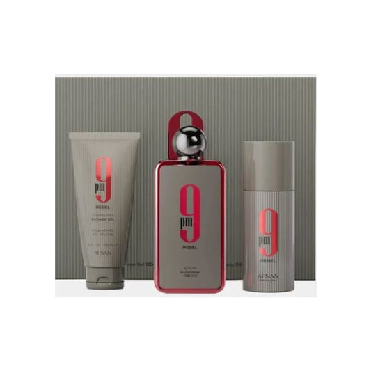 AFNAN 9PM REBEL U 3PCSET 3.4 EDP SPRAY 5.0 S.GEL 5.0 DEO DISPLAY BOX