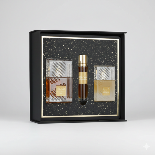 LATTAFA KHAMRAH 3 PCS GIFTSET WITH 100ML EDP + 12ML TRAVEL SPRAY + 50ML HAIR MIST