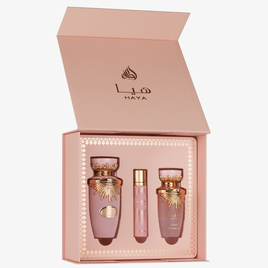 LATTAFA HAYA 3 PCS GIFTSET WITH 100ML EDP + 12ML TRAVEL SPRAY + 50ML HAIRMIST