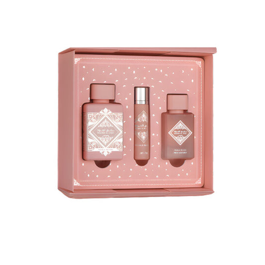 LATTAFA BADEE AL OUD NOBLE BLUSH 3 PCS GIFTSET WITH 100ML EDP + 12ML TRAVEL SPRAY + 50ML HAIRMIST