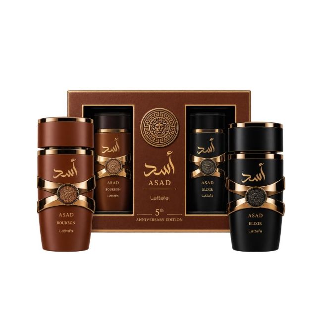 Lattafa Asad Brown 5th Anniversary 2 Piece Gift Set With Bourbon And Elixir